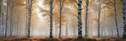 Foggy forest with silver birch and beech trees, tree, misty