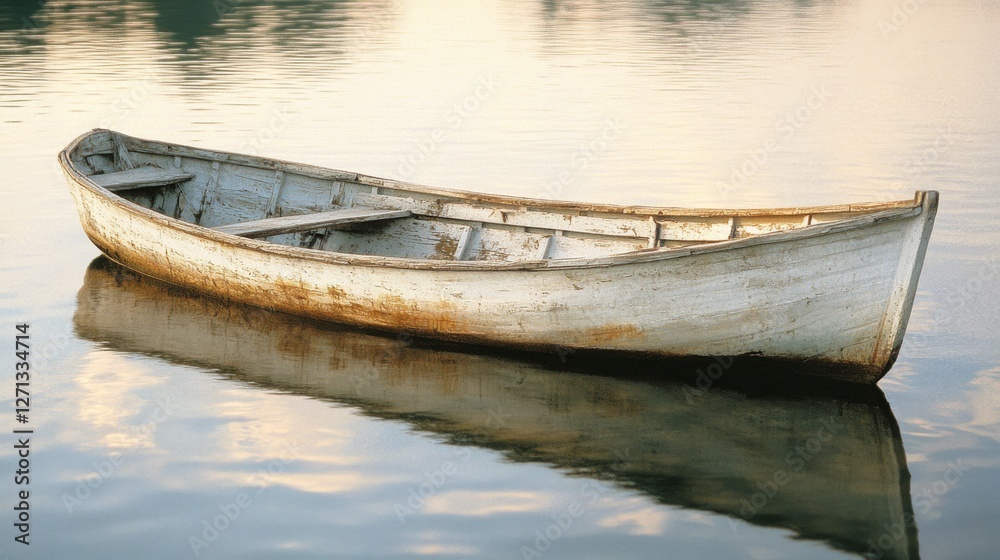An old wooden boat floats serenely on a calm body of water, reflecting quiet beauty and timelessness in the gentle light. An old wooden boat floats serenely on a calm body of water, reflecting quiet beauty and timelessness in the gentle light.