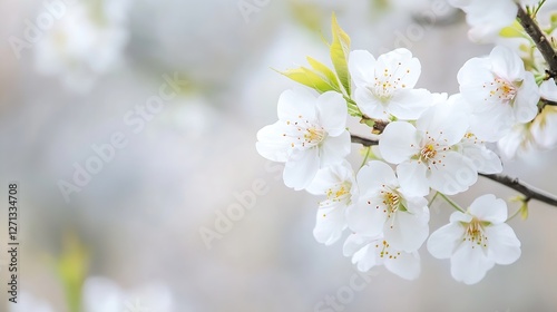 Closeup of delicate white cherry blossoms blooming in soft light during spring : Generative AI