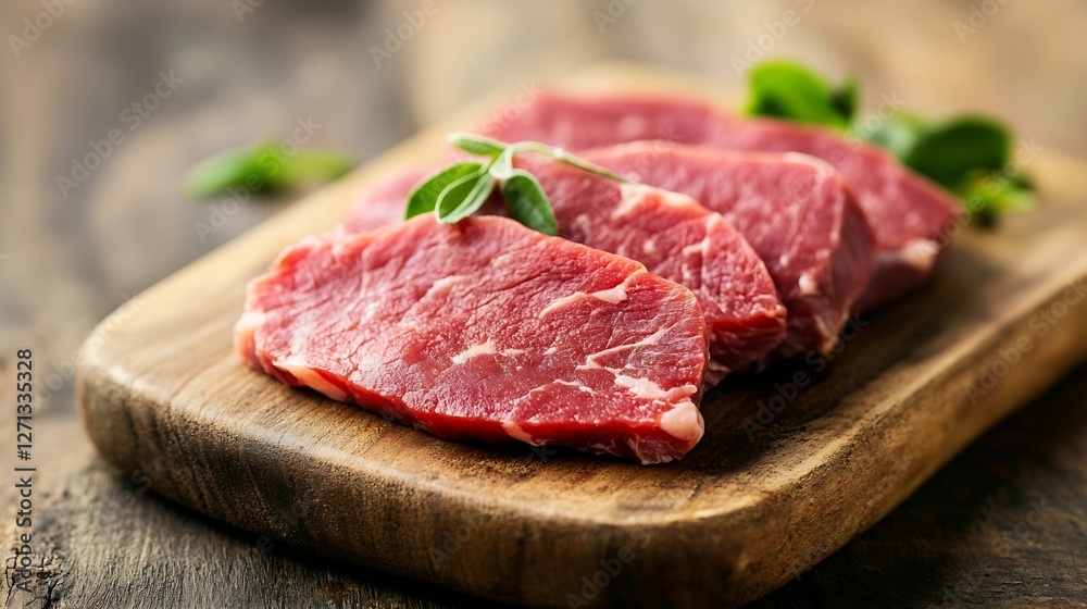 Fresh cuts of raw meat displayed on a wooden cutting board with herbs for culinary preparation : Generative AI Fresh cuts of raw meat displayed on a wooden cutting board with herbs for culinary preparation : Generative AI
