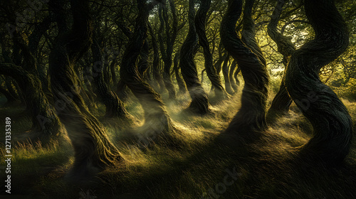 A forest at twilight, where twisted trees reach toward the sky. Their branches groan in the wind as if they are alive, watching the passersby.