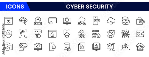 Cyber security icon set with information, technology, data network, malware, virus, unauthorized access and protected.