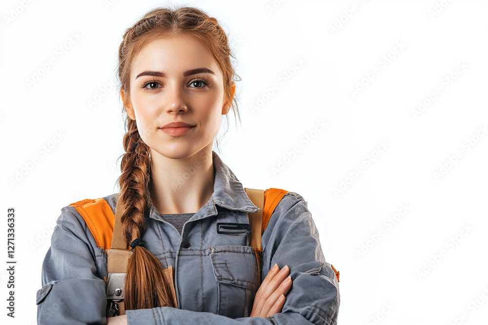 Young woman stands confidently wearing a professional mechanics uniform isolated on white background Young woman stands confidently wearing a professional mechanics uniform isolated on white background