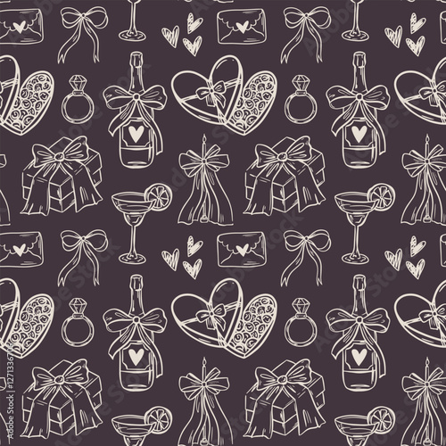 Whimsical hand-drawn love aesthetic seamless pattern illustration in trendy vintage style. Perfect for quirky wedding holiday, dinner and bar menu, bachelorette party, birthday invitation, sign