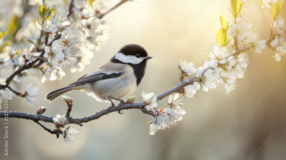 Naklejka premium A Coal Tit Perched on a Blooming Branch in Springtime Sunlight