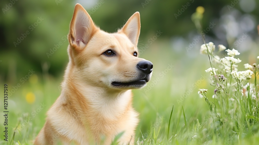 Fototapeta premium Intelligent Corgi Dog Sitting Gracefully Among Lush Green Grass and Wildflowers : Generative AI