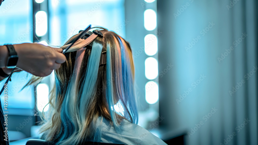 Naklejka premium Stylish Young Woman with Blonde Highlights in Trendy Hair Salon
