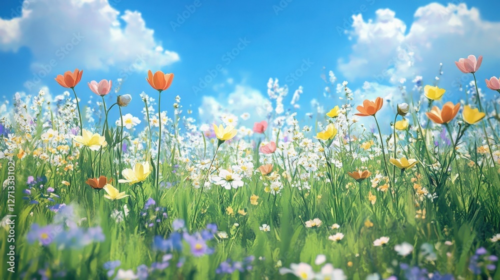 Illustration of a flower meadow in spring. Generative AI. Illustration of a flower meadow in spring. Generative AI.