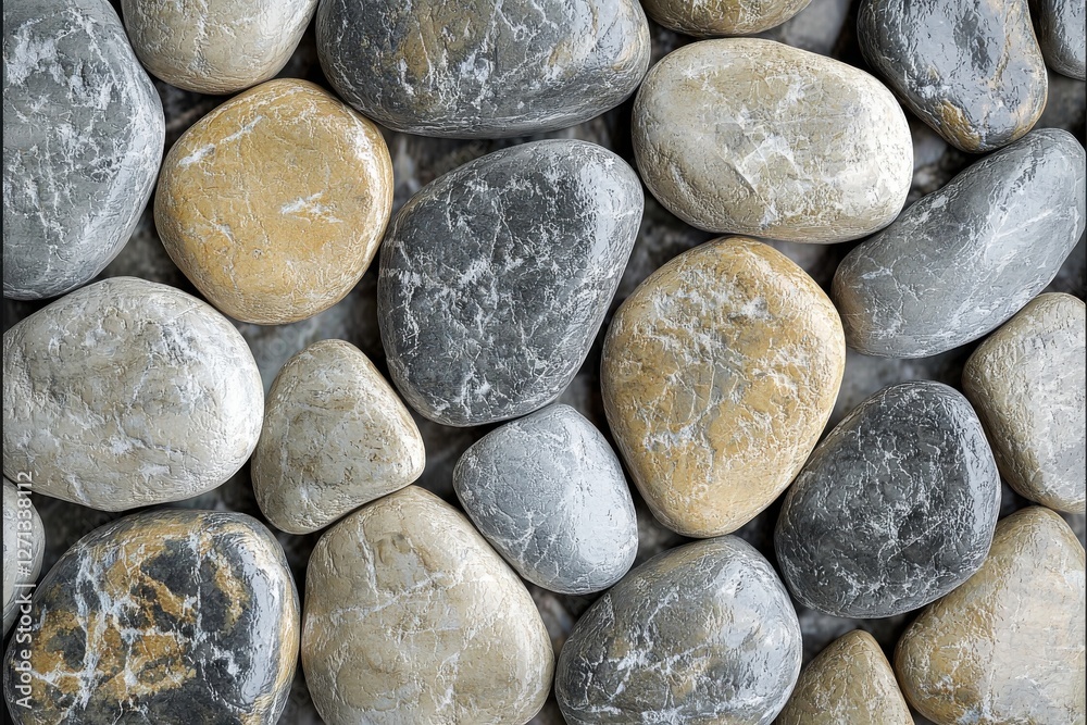 Overhead shot of smooth, colorful river stones, creating a natural texture with neutral tones, perfect for backgrounds, design elements, and natural patterns. Overhead shot of smooth, colorful river stones, creating a natural texture with neutral tones, perfect for backgrounds, design elements, and natural patterns.