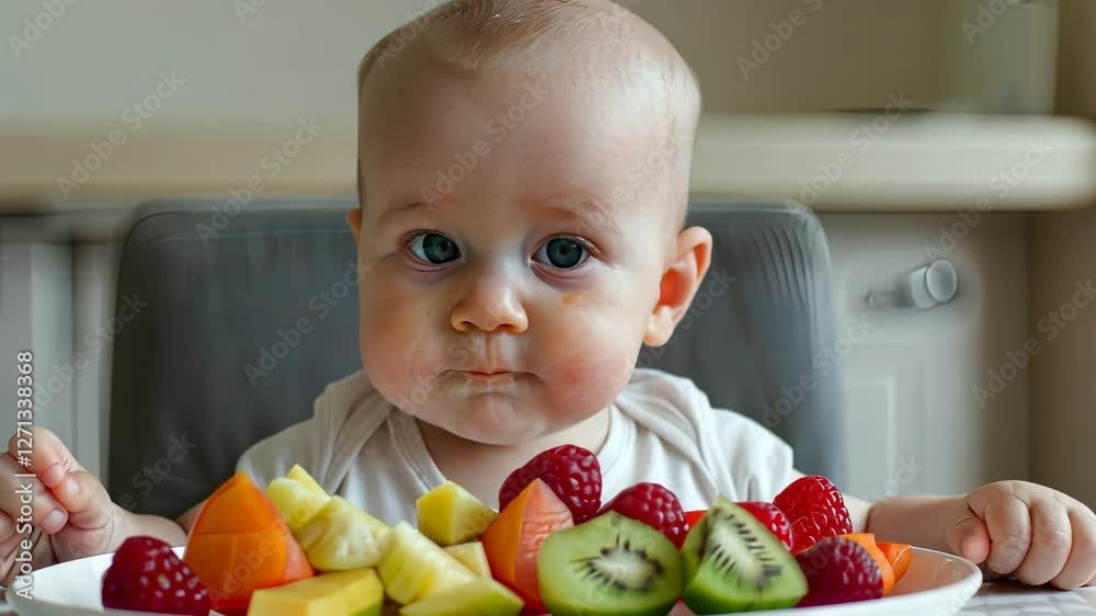 A happy baby sits in a high chair, exploring a vibrant selection of fruits including strawberries, kiwi, and mango A happy baby sits in a high chair, exploring a vibrant selection of fruits including strawberries, kiwi, and mango