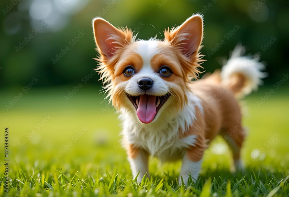 Brown dog with a white muzzle against a natural background, playful dog outdoors among greenery and trees Brown dog with a white muzzle against a natural background, playful dog outdoors among greenery and trees