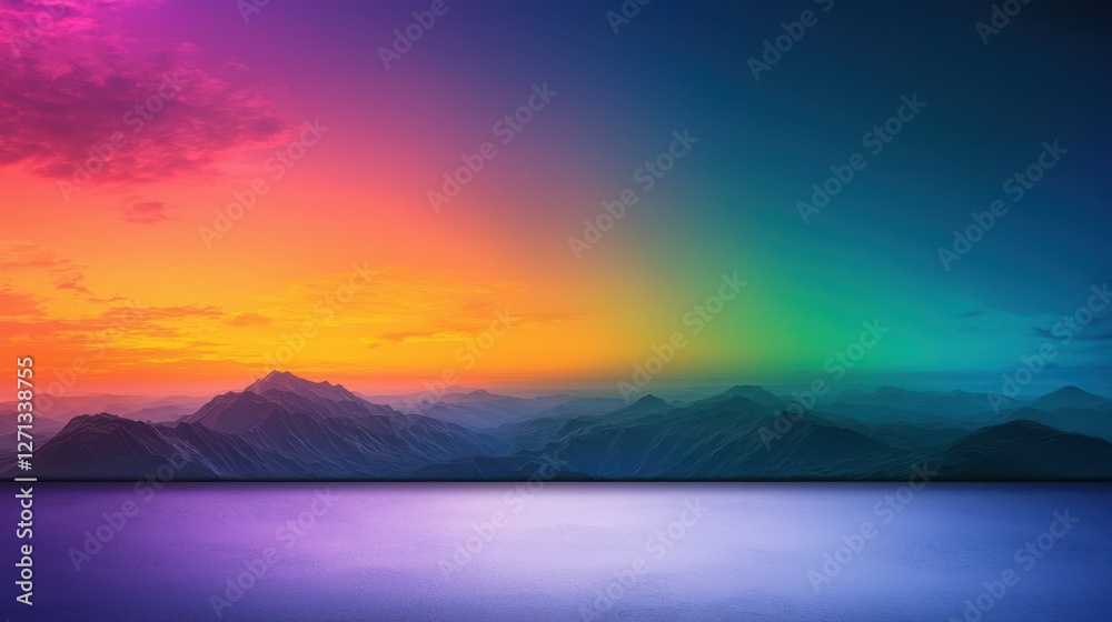 Vibrant Sunset Over Mountain Range with Colorful Sky and Reflection Vibrant Sunset Over Mountain Range with Colorful Sky and Reflection