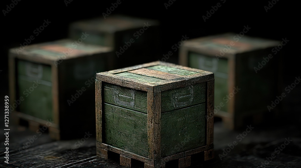 Obraz premium Green Weathered Wooden Crates on Dark Background