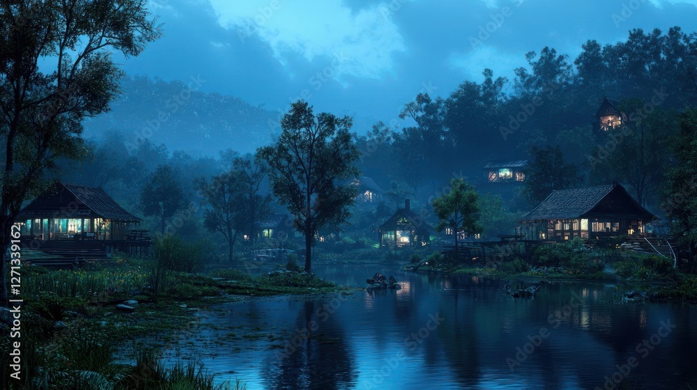 Fototapeta premium Night Lake Houses in Dark Blue Tropical Forest