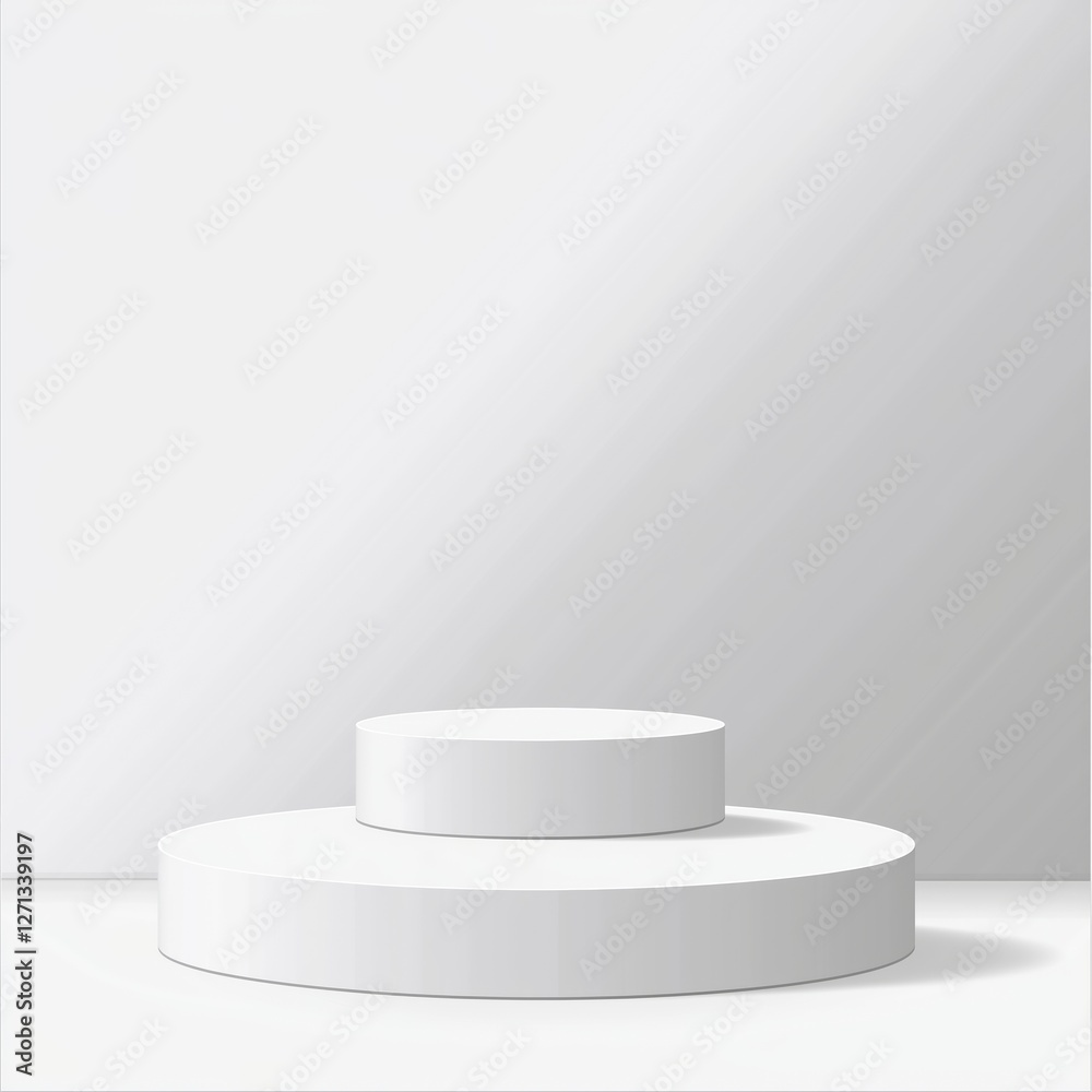 Two-tiered white matte podium with smooth, rounded edges, polished surfaces, subtle shading, and highlights, set against a clean white background for a professional, high-quality design. Two-tiered white matte podium with smooth, rounded edges, polished surfaces, subtle shading, and highlights, set against a clean white background for a professional, high-quality design.