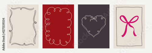Set of elegant whimsical hand-drawn spring frames with wavy squiggle curly ribbons in trendy, vintage styles. Perfect for quirky holiday, wedding, bachelorette invitation