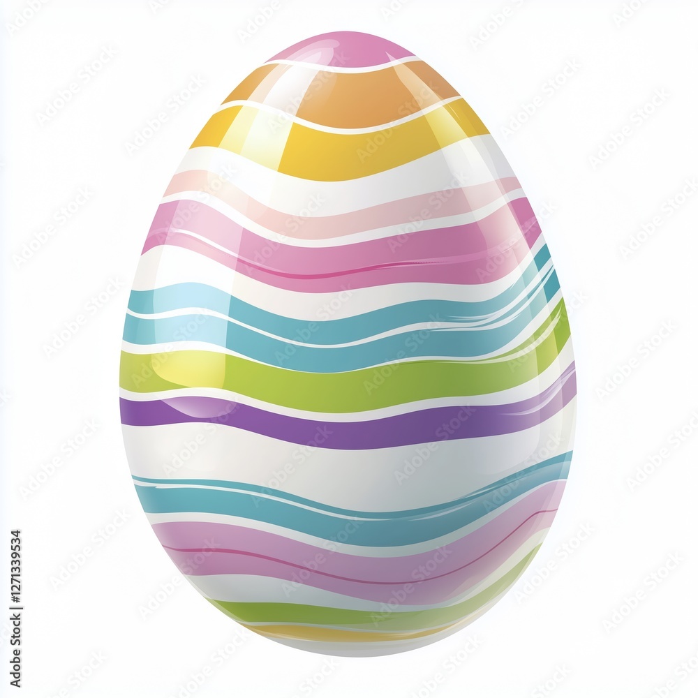Realistic illustration of a white egg with vibrant pastel stripes, smooth glossy texture, 3D effect, and sharp details on a clean white background. Realistic illustration of a white egg with vibrant pastel stripes, smooth glossy texture, 3D effect, and sharp details on a clean white background.