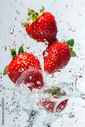Fresh strawberries splashing into clear water, creating dynamic droplets and a vibrant scene