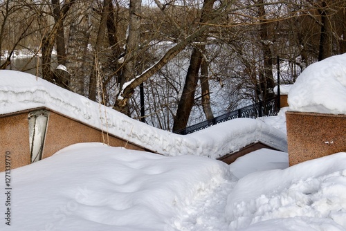 snowdrifts on the embankment of the Irtysh River in Ust Kamenogorsk, East Kazakhstan in winter photo