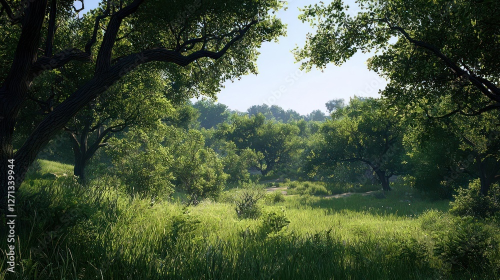 Sunlit Green Forest Landscape with Lush Vegetation Sunlit Green Forest Landscape with Lush Vegetation