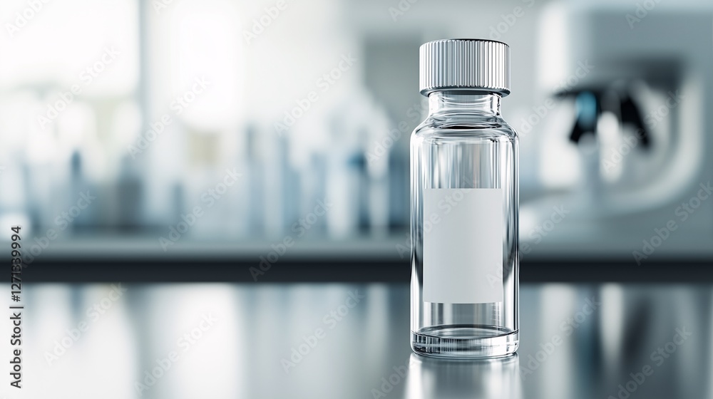 Transparent medical vial with white cap in laboratory setting Transparent medical vial with white cap in laboratory setting