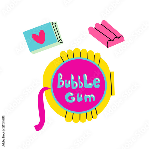 Classic 80s 90s elements in modern flat style. Hand drawn vector illustration. bubble gum emblem. Vector illustration