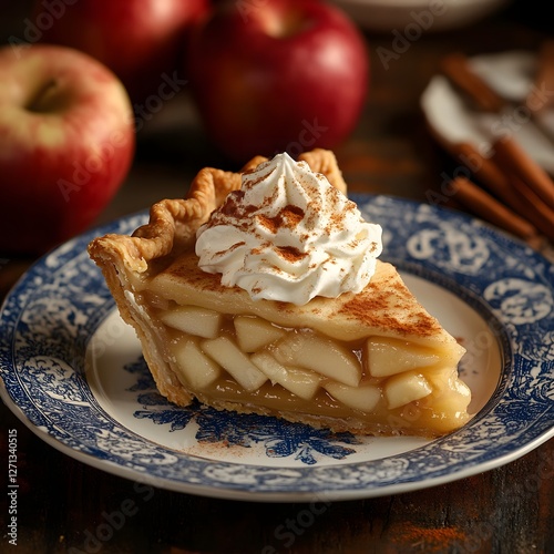 A slice of apple pie on a plate, with a dollop of whipped cream on top and a hint of cinnamon.