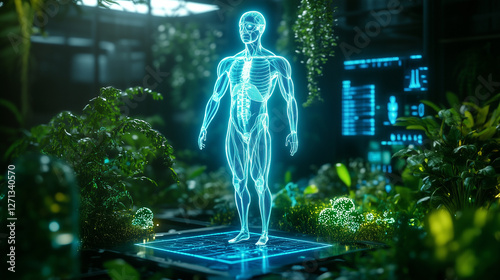 Health tech visualization, 3D hologram of a human body with glowing health indicators surrounded by organic plants and futuristic devices