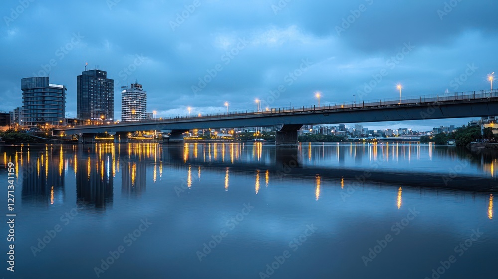 Fototapeta premium City Bridge at Night with River Reflections