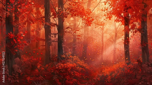 Autumn forest with vibrant red and orange leaves