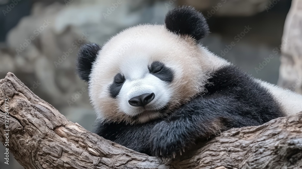 Obraz premium Cute panda cub sleeping on tree branch, zoo enclosure