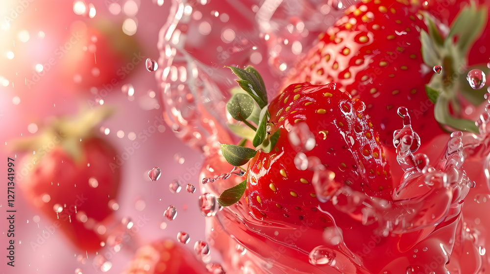Fresh strawberries splashing in water against a soft pink background, creating a vibrant scene Fresh strawberries splashing in water against a soft pink background, creating a vibrant scene