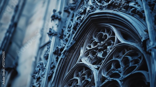Gothic architecture's intricate details are captured in a close-up, showcasing the evocative and timeless artistry.