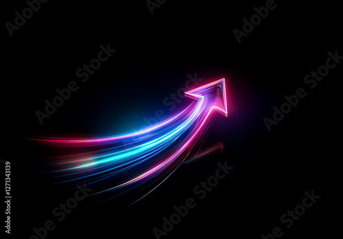 Vibrant neon arrow with pink and blue light trails soaring upwards on a stark black background, creating a dynamic, futuristic effect.