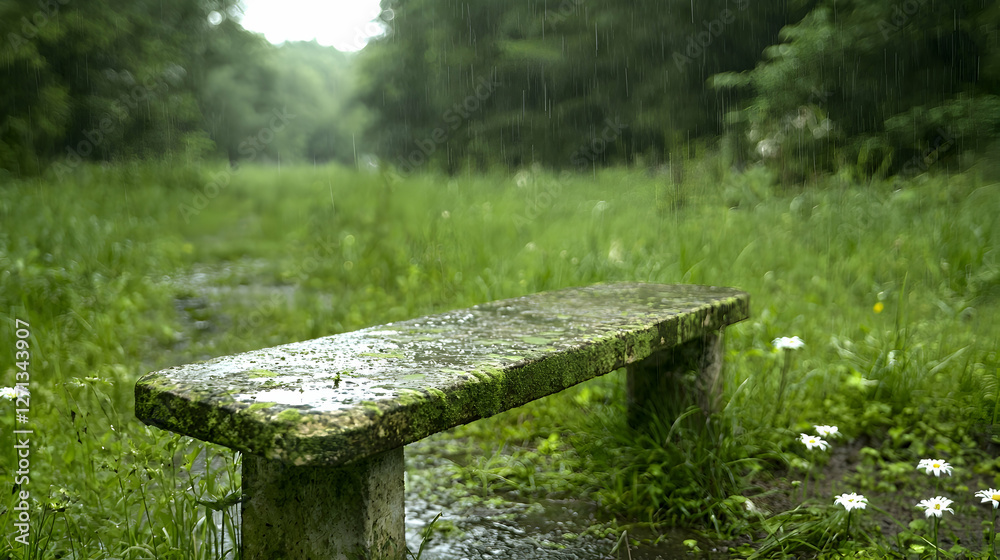 Rainy park bench, green meadow, forest background, peaceful solitude Rainy park bench, green meadow, forest background, peaceful solitude