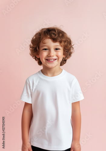 Smiling boy with white t shirt mockup on color background
