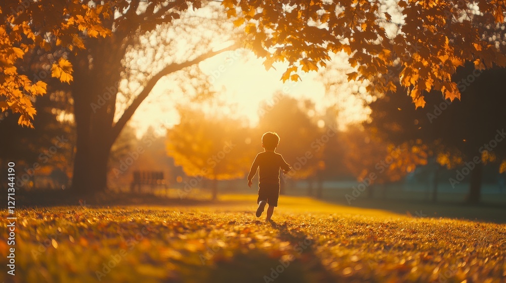 Fototapeta premium A child joyfully runs through a golden meadow, leaves overhead framing the warm glow of sunset, capturing the essence of freedom and wonder.