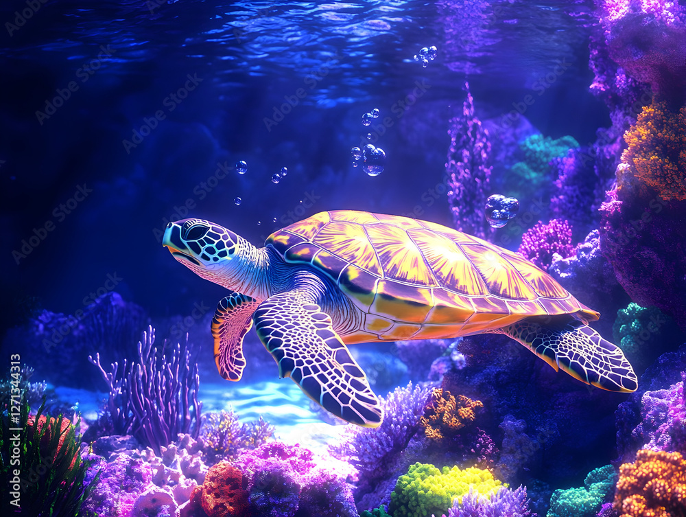 Obraz premium graceful sea turtle swims through vibrant coral reef, surrounded by colorful marine life