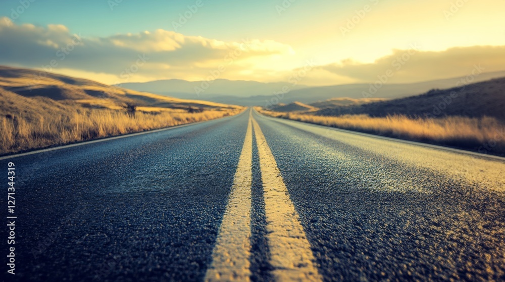 Fototapeta premium A straight road stretches into the horizon under golden sunlight, framed by grassy plains and distant mountains.