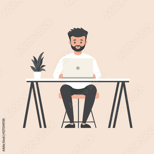 Flat 2D illustration of a young businessman working on a laptop at a modern desk, office background, clean and minimalistic style, pastel colors. A man is working at a computer on a white background
