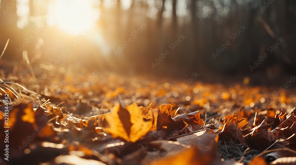 Enchanting autumn landscape featuring fallen leaves illuminated by soft sunlight shedding warmth on a serene forest ground : Generative AI Enchanting autumn landscape featuring fallen leaves illuminated by soft sunlight shedding warmth on a serene forest ground : Generative AI