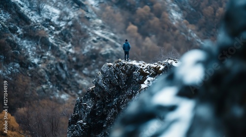 Inspiring figure standing on a rocky cliff overlooking snowcovered valley capturing the essence of adventure and solitude : Generative AI photo