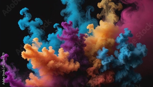 Vivid Explosion of Multicolored Smoke Clouds Blending in Dynamic Gradients Against a Dark Background