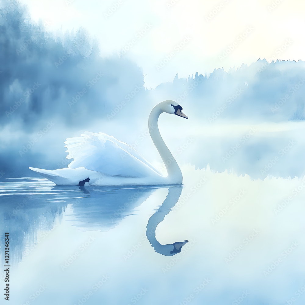 Fototapeta premium Elegant swan gliding on misty lake with serene reflections