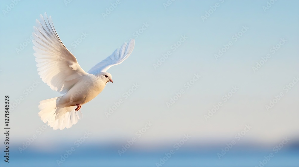 Fototapeta premium A majestic white dove soaring gracefully against a calm blue sky representing freedom and hope : Generative AI