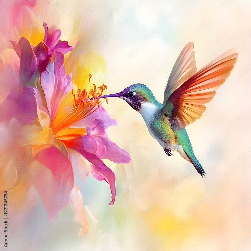 Obraz premium hummingbird hovers near vibrant flower, showcasing its delicate motion