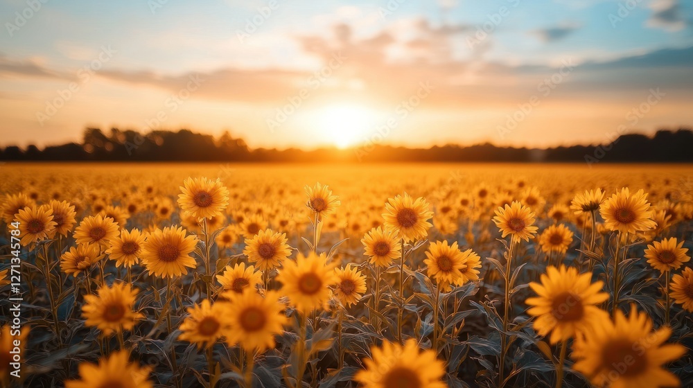 Obraz premium Sunflowers field at sunset, golden hour, rural landscape
