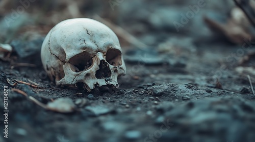 A hauntingly beautiful closeup of an old skull resting on the ground amidst fall foliage and earth : Generative AI photo