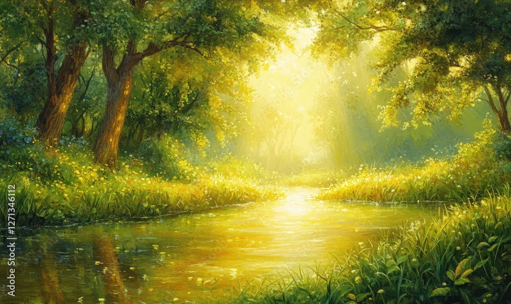 Serene forest landscape with a shimmering river under golden sunlight and lush greenery Serene forest landscape with a shimmering river under golden sunlight and lush greenery