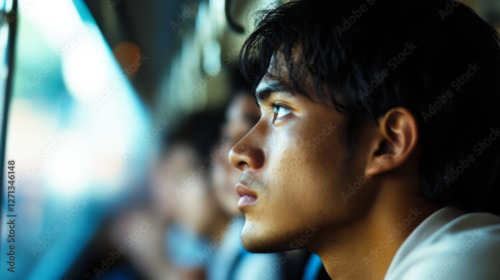 A thoughtful young man gazes out of a window, lost in his reflections amidst the soft glow of indoor lighting. A thoughtful young man gazes out of a window, lost in his reflections amidst the soft glow of indoor lighting.